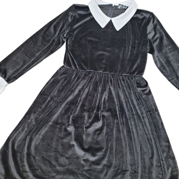 Black Velvet large White Collar Mini Dress Goth Punk Wednesday Addams halloween - Picture 5 of 7